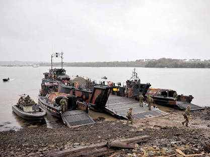 Landing craft lined up on Wilson's Beach during a training exercise